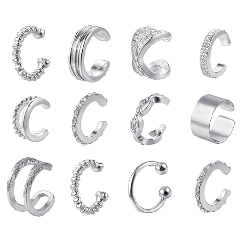 YUXIANLB 12 Paare Ear Cuff Silber Ohrmanschette Ohrringe Edelstahl Knorpel Creolen Fake Ohrringes No Pircing Ohrringe Ohne Ohrloch Clip Ohrringes Damen Fake Helix Knorpel Wrap Earcuff