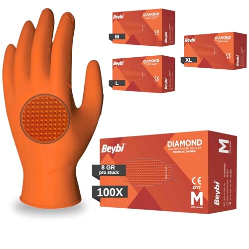 BEYB Einweghandschuhe Diamant Grip 100 St Box Schwarz Orange Einmalhandschuhe Extra Stark Nitrilhandschuhe Gr. XL 3x Dicker Handschuhe Einweg M L XL Orange XL