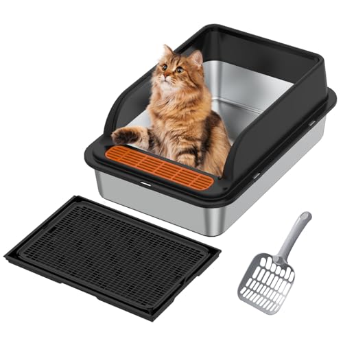 Katzentoilette Edelstahl für mehrere Katzen XXL 17 5L katzenklo mit Hohem Rand Heruchssicheres Katzenklo aus Metall mit Abnehmbarem Deckel Hohen Anti-Spill-Seiten Hypoallergenes Easy-Clean-Design
