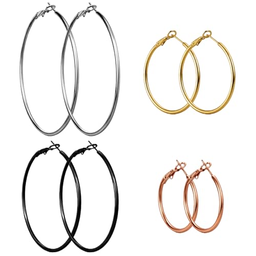 4 Paar Runde Creolen Breite Anhänger ungestochene Ohrclips in 30 40 50 60 mm leichte breite Clip-Ohrringe für Damen eleganter Modeschmuck für Alltag Büro Partys und verschiedene Anlässe