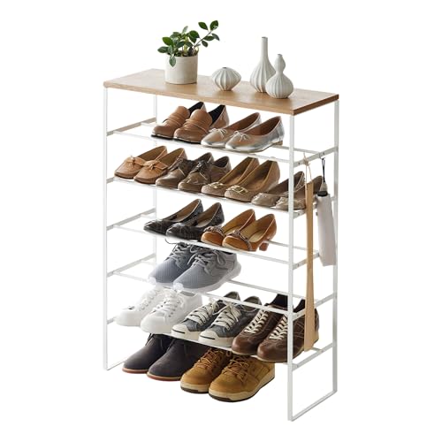 Yamazaki 3369 TOWER Schuhregal mit 6 Ebenen weiß Stahl Holz Minimalistisches Design 66 x 25 x 87 cm LxBxH