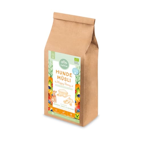 naftie Bio Hundeflocken Hundemüsli Happy Berry - Flocken-Mix für Hunde mit Dinkelflocken Kokosflocken Beeren-Obst und Gemüse - vegan - 1kg