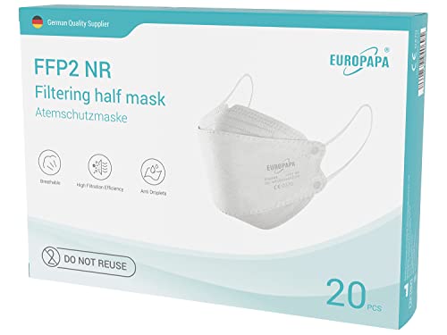 EUROPAPA 20x FFP2 Fisch-Form Weiss Masken Atemschutzmaske 5-Lagen Staubschutzmasken hygienisch einzelverpackt Stelle zertifiziert EN149 Mundschutzmaske EU2016 425