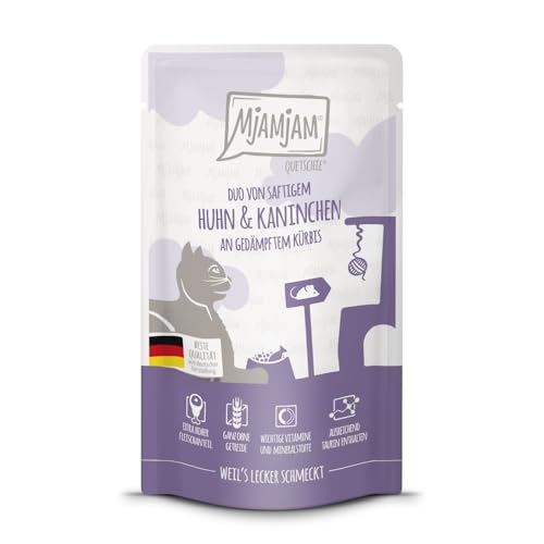 MjAMjAM - Premium Nassfutter für Katzen - Quetschie - DUO von saftigem Hühnchen Kaninchen an gedämpftem Kürbis 1er Pack 1 x 125g getreidefrei mit extra viel Fleisch