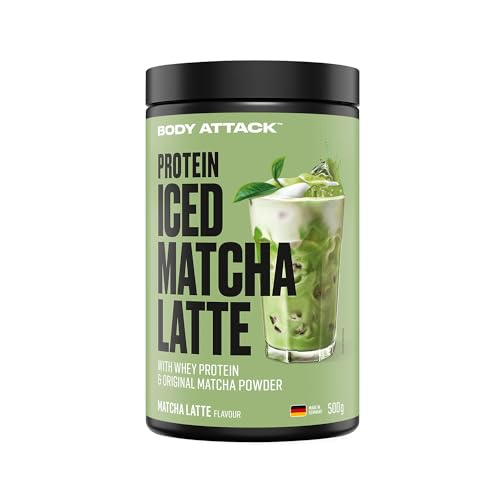 Body Attack Protein Iced Matcha Latte 500 g - Whey Protein Pulver mit echtem Matcha-Blattpulver - Erfrischender Proteinshake mit Fett- und zuckerarmer Formel und EAAs Made in Germany