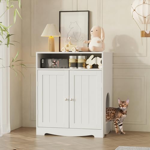 PREMTURE Katzenmöbel mit Türen Multifunktionales Katzenhaus mit Stauraum Katzenklo-Schrank 60 x 43 5 x 73 cm Weiß Versteck für Katzentoilette Ruheplatz im modernen Design