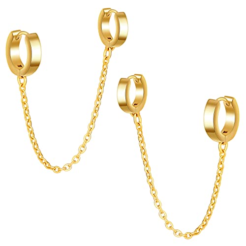 feilok Edelstahl Damen Herren Creolen Ohrringe Herren Ohrschmuck Ohrringe Männer Creolen Ring Ohrstecker Rund mit Kette gold
