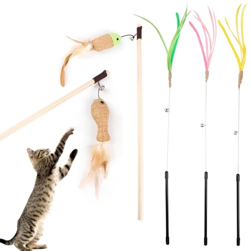 Toyhood 5 Stück Katzenspielzeug interaktives Katzenspielzeug Katzen Federspielzeugs Katzenspielzeugs mit Fisch Plüschtier Intelligenz Spielzeug für Kitten Katzenbeschäftigung
