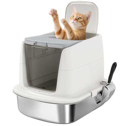 PawHut Katzenklo Edelstahl mit Deckel Katzentoilette mit Haube und Schaufel Tablett Katzentoilette für Katzen bis 5 kg 52 4 x 41 3 x 39 8 cm Weiß