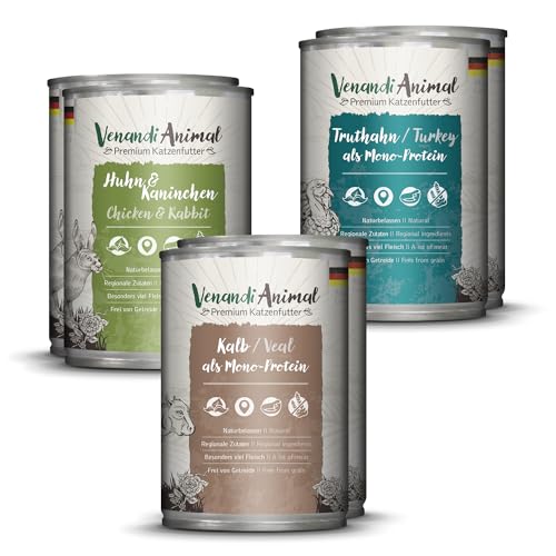 Venandi Animal Premium Nassfutter für Katzen Probierpaket II Huhn Kaninchen Kalb Truthahn 6 x 400 g getreidefrei und naturbelassen 2.4 kg