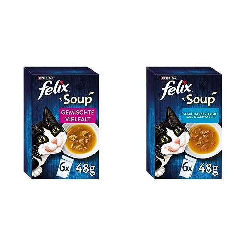FELIX Soup Suppe für Katzen mit zarten Stückchen Sorten-Mix Soup Suppe für Katzen mit zarten Stückchen Geschmacksvielfalt aus dem Wasser 8er Pack 8 x 6 Beutel 48g