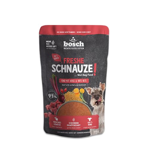 Bosch Freshe Schnauze Rind mit Hirse und Rote Bete 1 x 250 g Schonend Dampfgegartes Nassfutter für Hunde Vollwertiges Alleinfuttermittel mit hohem Fleischgehalt 250 g Hundenassfutter