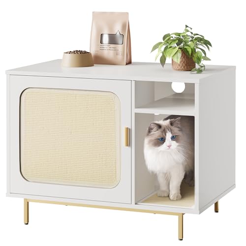 Hzuaneri Katzenschrank Katzentoilette Mobile Kratzmatten für Katzen Indoor-Katzenhaus mit Ablagefläche Beistelltisch 80 x 50 x 61 cm Weiß und Gold CB82613A