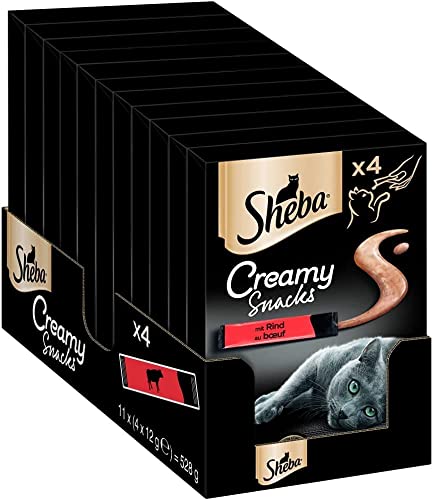 Sheba Creamy Snacks Cremiges Katzen-Leckerli mit Rind Praktische Sticks zum aus der Hand Schlecken 44 x 12g Katzenleckerchen