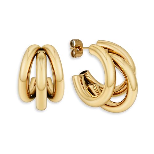 Creolen Gold Triple - Goldene Ohrringe für Damen aus wasserfestem Edelstahl Dreifache Kreolen inkl. Geschenkbox