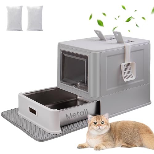 Geschlossenes Katzenklo mit Deckel Geruchsneutralisierungsbeutel Katzentoilette in Großgröße ausziehbares Edelstahl-Tablett mit Katzenklo Matte für Katzen bis 15 kg