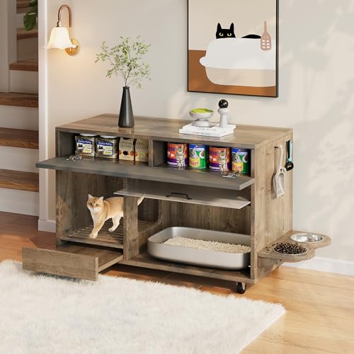 Katzenklo Schrank Katzenschrank Bewegbarer Katzentoilette Schrank mit Katzenfuttertellern Sand Auffangschale Lochplatte mit Haken Löchern Ohne Katzenklo 100 45 5 67cm Eiche