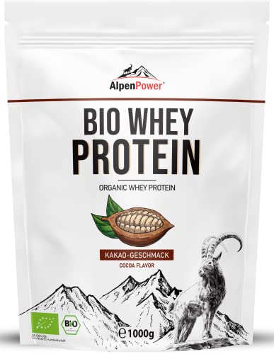 AlpenPower BIO WHEY Protein Kakao 1 kg - 100% natürliche Zutaten ohne Zusatzstoffe - Hochwertiges CFM Eiweiß-Pulver aus bester Bio-Alpenmilch