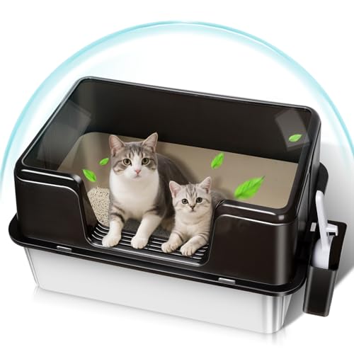 Zvonema Katzenklo Edelstahl XXL 30L Extra Groß Katzentoilette Hoher Rand Auslaufsicher Antihaft Geruchsresistent Metall Katzenklo Anti-Rutsch Cat Litter Box für Kleine Große Katzen- Schaufel