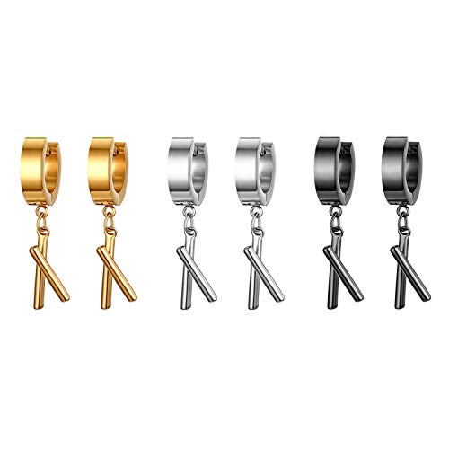 JewelryWe Schmuck 3 Paare Herren Ohrringe Set Edelstahl Creolen Huggie Ohr Manschette Ohrstecker Ohrpiercing mit Baseballschläger Anhänger Unisex gold schwarz silber