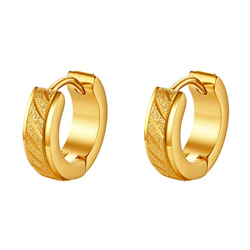 JewelryWe Schmuck Creolen Ohrringe Edelstahl Sandgestrahlt Streifen Huggie Hoop Klappcreolen Ohrschmuck Ohrstecker für Herren Damen Gold