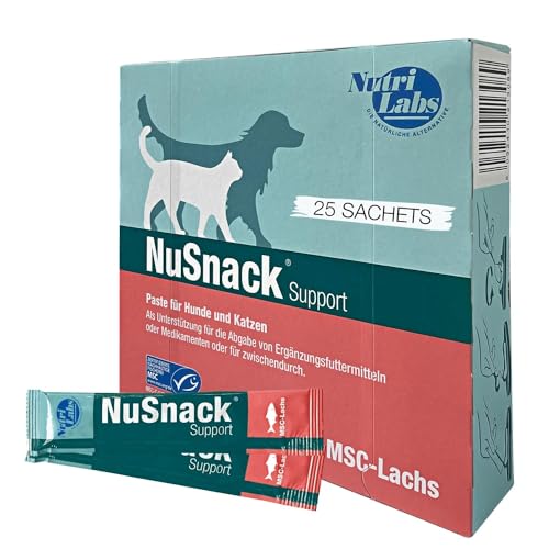 NutriLabs NuSnack Hunde Katzen Snacks 25 Sachets 10 g - Abgabehilfe-Snack für Hunde Katzen - Leckerli mit Lachsgeschmack - Leckereien für Katzen Hunde für Medikamente etc.