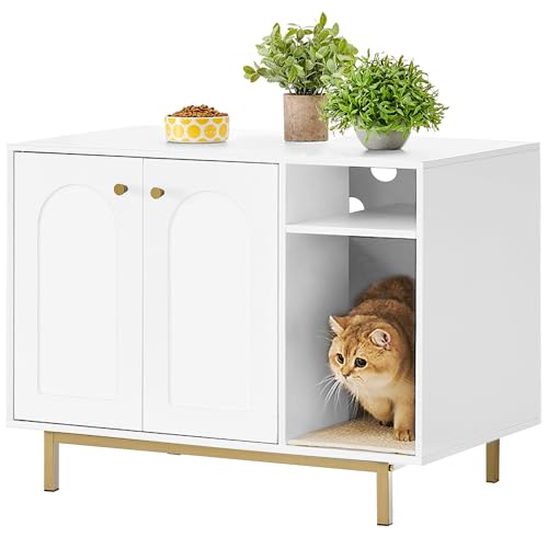 Hzuaneri Katzenschrank Katzentoilette Katzenklo Schrank Katzenhaus Tür und separater Trennwand 80x 50x 61 cm Stabile Katzenschrank Sitzbank Weiß und Gold 01503GCLB