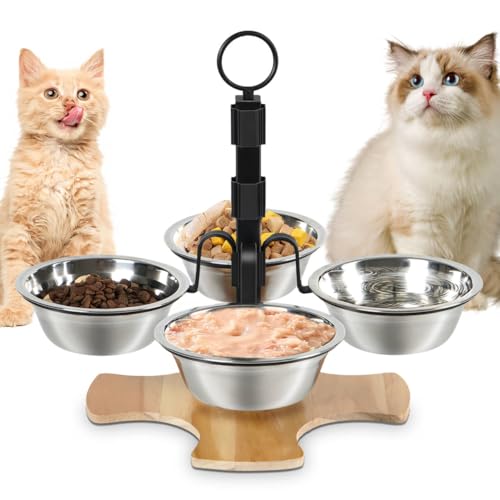 Optyuwah katzennapf erhöht Futternapf Katze - Futternäpfe Katzen 4er Set katzennäpfe Höhenverstellbar Fressnapf Katze mit Ständer 5 Edelstahl Näpfe für Wasser Futter Katzen kleine Hunde