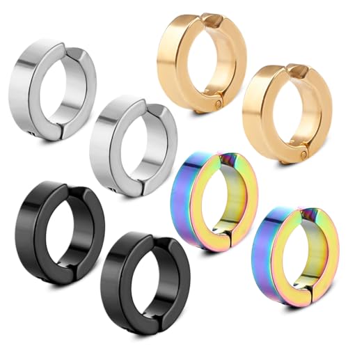 DOKRIN Ohrringe für Herren 4 Paar Unisex-Ohrringe aus Edelstahl rund ohne Ohrloch Kunstohrringe Clip-on Creolen aus Edelstahl ohne Ohrloch Ohrclips aus Stahl