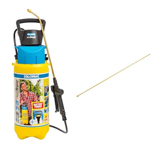 Gloria Drucksprüher AutoPump Set Gartenspritze 5 L Füllinhalt Sprühgerät mit Batterie- Akku-Betrieb Messing-Verlängerungsrohr Typ 110 1 m Länge 0 9 cm Durchmesser
