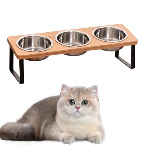 Erhöhte Futternäpfe für Katzen 15 geneigt Edelstahl erhöhter Futternapf mit Holzständer höhenverstellbar erhöhter Futternapf für Katzen und kleine Hunde Anti-Erbrochenes rutschfest 3 Näpfe