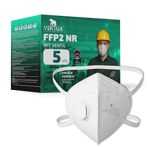 VENTUX SAFETY EQUIPMENT 5 Stuk FFP2 NR Maske mit Ventil Einzeln Verpackt Ergonomische Passform Staubschutzmaske für Arbeit Bau DIY