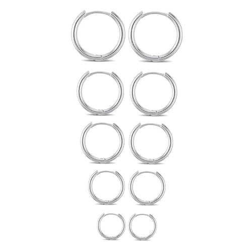 5 Paar Ohrringe Creolen Klein Silber - Ringe Edelstahl für Damen und Männer - 8 10 12 14 16 MM Rund
