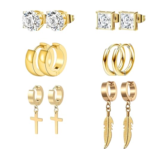 HinDaLi 6 Paar Edelstahl Ohrringe für Herren Damen Männer Gold Ohrringe Creolen mit Feder Kreuz Anhänger Diamant Ohrstecker Herren Klein Ohrring Stecker Damen Set