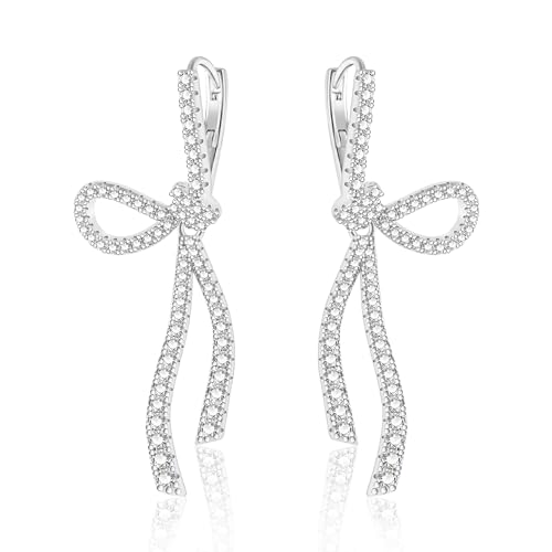 Bow Earrings ASH S CHOICE Silber Creolen Bogen Ohrringe Schleifen für Damen Silber Ohrringe Hängende Bogen Tropfen Ohrringe Glitz Creolen mit Strass Zirkon Kristall Bogen Groß Ohrringe Bow Earring