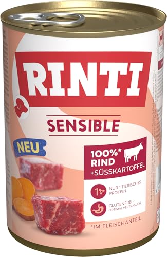 RINTI - Sensible Nassfutter für Sensible ausgewachsene Hunde mit natürlichen Fleischstücken. Getreidefreies Alleinfutter in der Dose ohne künstliche Zusätze 6x400g Rind Süßkartoffeln