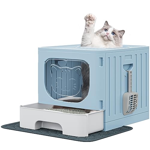 YITAHOME Katzenklo mit Deckel große geschlossene Katzentoilette haubenartiges geruchloses Anti-Spritz-Katzenklo mit Schubladen-Abfallwanne Streuschaufel Faltbare Katzentoilette mit Haube Blau