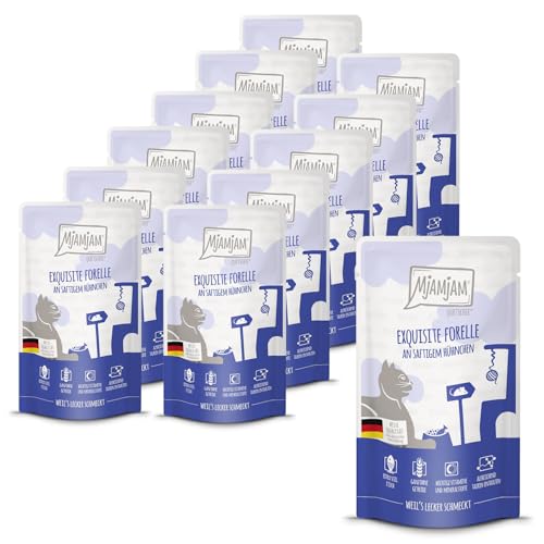 MjAMjAM - Premium Nassfutter für Katzen - Quetschie - exquisite Forelle an saftigem Hühnchen 12er Pack 12x125g getreidefrei
