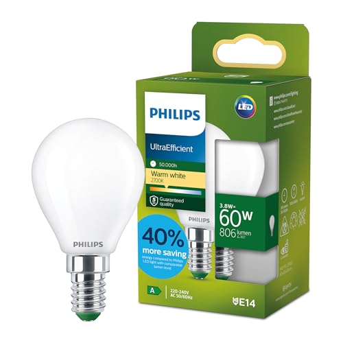 Philips LED UltraEfficient Frosted P45 Glühbirne E14 kleiner Edison-Schraubverschluss Energieklasse A 806 lm entspricht 60 W warmweiß 2700 K EyeComfort 50.000 Stunden 1 Packung