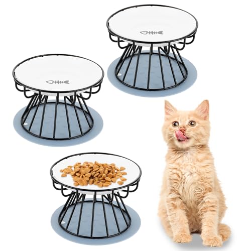 YAYODS 3 Stück Katzennapf Keramik - Katzennapf Erhöht mit Napfunterlage Silikon - Erhöhter Katzennapf - Futternapf Katze Erhöht - Katzennäpfe Mit Metallständer - Napferhöhung Katzen Spülmaschinenfest