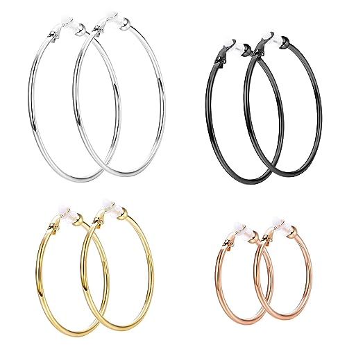 Hoop Ohrringe Clip On Ohrringe Nicht Piercing Ohrringe Set 4 Paar Nicht Durchbohrte Damenohrringe Großes Creolen-Set Ohrklipser Ohrclips Mädchen Silber Gold Creolen Set Clip Ohrringe 30 40 50 60mm