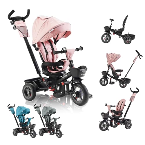 FableKids 5in1 Dreirad ab 9 Monate bis 25kg Kinderdreirad mit Schubstange 360 drehbarem Sitz Verdeck mit Sonnenschutz 3-Punkt-Gurt PU-Reifen Korb Zubehör für Babys Kleinkinder Pink