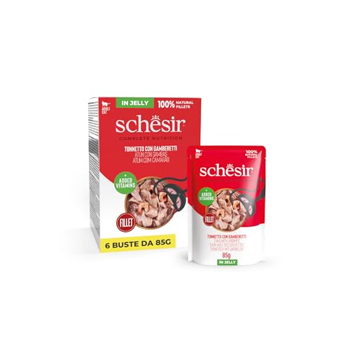 Schesir Thunfisch mit Garnelen in Gelee komplettes Nassfutter für Katzen im Beutel mit zusätzlichen Vitaminen 100% natürlich 6 x 85 g