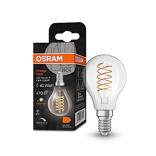 OSRAM Vintage 1906 Classic P FIL LED-Lampe Miniball E14 klar 4 8W 470lm 2700K warmweißes Licht dimmbar neues ultraschlankes Filament sehr geringer Energieverbrauch lange Lebensdauer