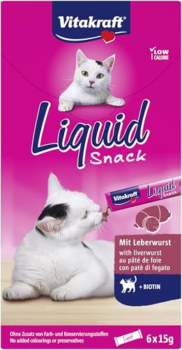 Vitakraft Liquid Snack Katzen Leckerli Katzensnack cremig mit Leberwurst und Biotin in einzelnen Sachets für bessere Haut 1 Paket mit 6x 15g
