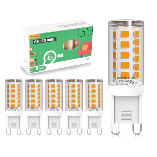 CHEERBEE G9 LED Warmweiß Dimmbar 3W ersetzt 40W Halogenlampe 2700K 230-240V 480LM G9 LED Leuchtmittel flimmerfrei Energieeffizienzklasse C Enegiesparende Kleine Birne 6er Pack.