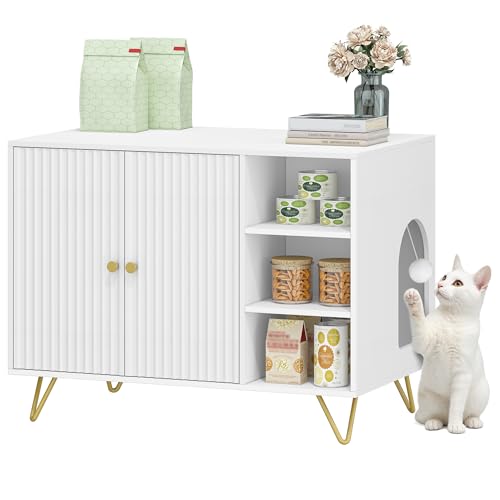 HEXCELEN Katzenklo Schrank Katzentoilette Schrank Katzenschrank für Katzentoilette mit Tür und Offene Fächer Hohe Beine für Katzen Doppeltür Beistelltisch 80 50 60 4 cm Weiß und Gold