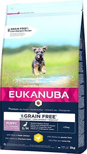Eukanuba Welpenfutter getreidefrei mit Huhn für kleine und mittelgroße Rassen - Trockenfutter ohne Getreide für Junior Hunde 3 kg