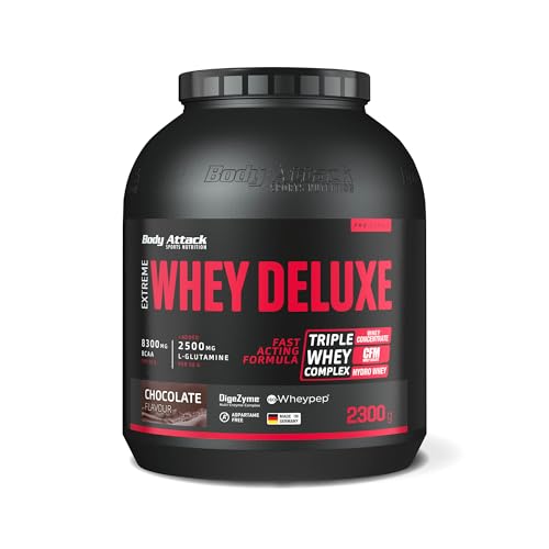Body Attack Extreme Whey Deluxe Chocolate 2 3 kg - Made in Germany - Eiweißpulver mit Aminosäuren Triple-Whey-Complex CFM Isolate perfekt lösliches Protein-Pulver fettarm zuckerarm