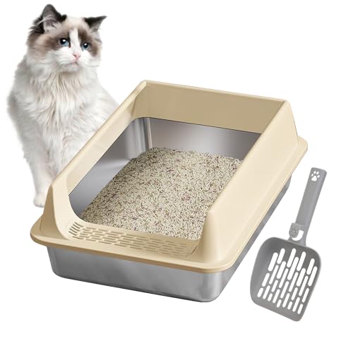 Edelstahl Katzenklo Katzentoilette Edelstahl Katzenklos Ohne Deckel Katzenklo Spritzwassergeschützt mit Schaufel Geruchsfeste Katzentoilette für Wohnung Garten Balkon Terrasse Nutzung